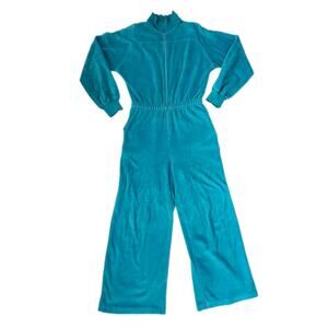 vintage 80s David Brown I Magnin teal velour zip front jumpsuit size XS USA